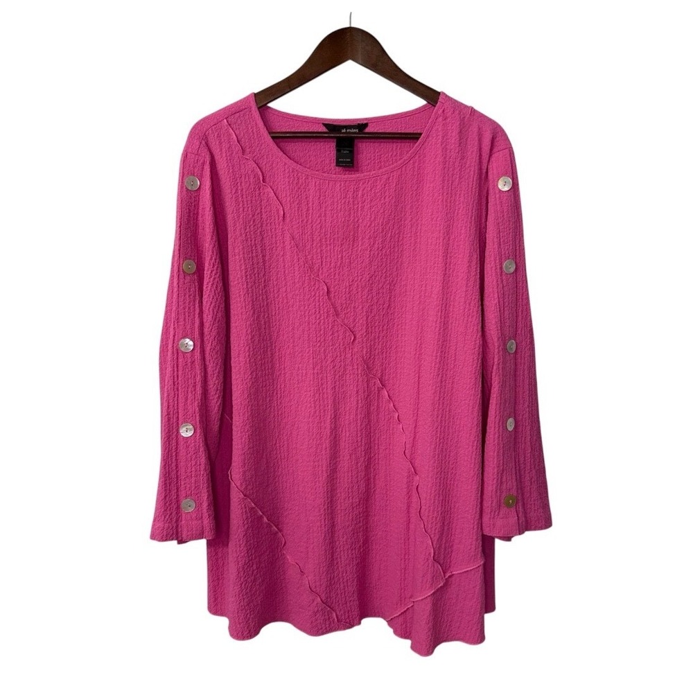 Ali Miles blouse women's 1X pink colorful wearable art boho crepe lagenlook work